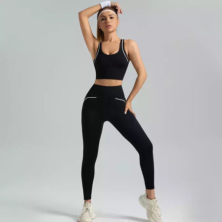 PINGNIAO-Calças e Sutiã Yoga de Cintura Alta para Mulheres, Alça Cruzada, Terno Esportivo, Fitness Wear, Design De Linha