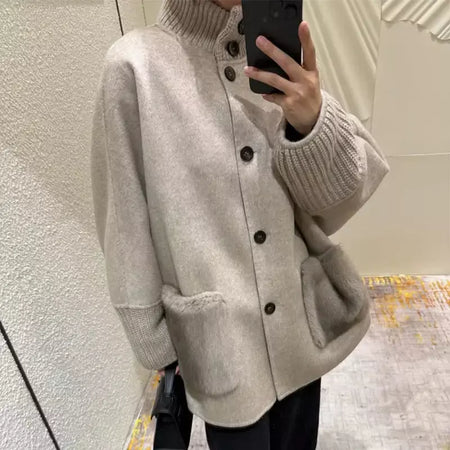 Gola de pele emendada longa pele de lã casaco feminino moda casual manga comprida lapela solta quente curto jaqueta senhora diariamente streetwear