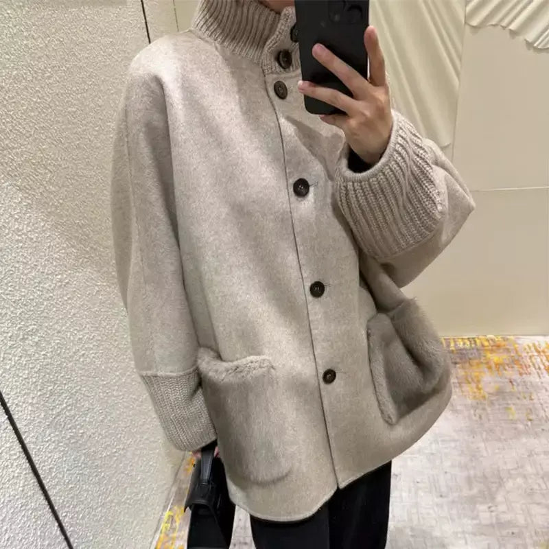 Gola de pele emendada longa pele de lã casaco feminino moda casual manga comprida lapela solta quente curto jaqueta senhora diariamente streetwear