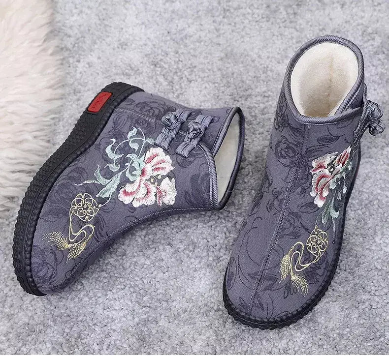 Sapatos de pano de inverno estilo étnico botas mujer sapatos femininos zapatos botas curtas quentes mulher bootie bordado algodão botas femininas