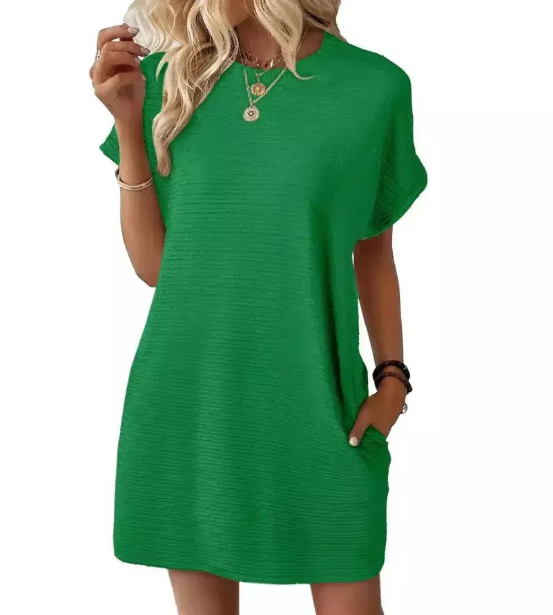 2026 robe femmes soiree manga curta em torno do pescoço mini vestido de cor sólida das mulheres bolso novo solto escritório deslocamento versátil vestido