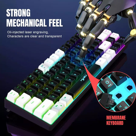 Teclado para jogos com fio USB, 68 teclas, 20 RGB Backlight, Keycaps preto e branco, Windows Laptops, Computador