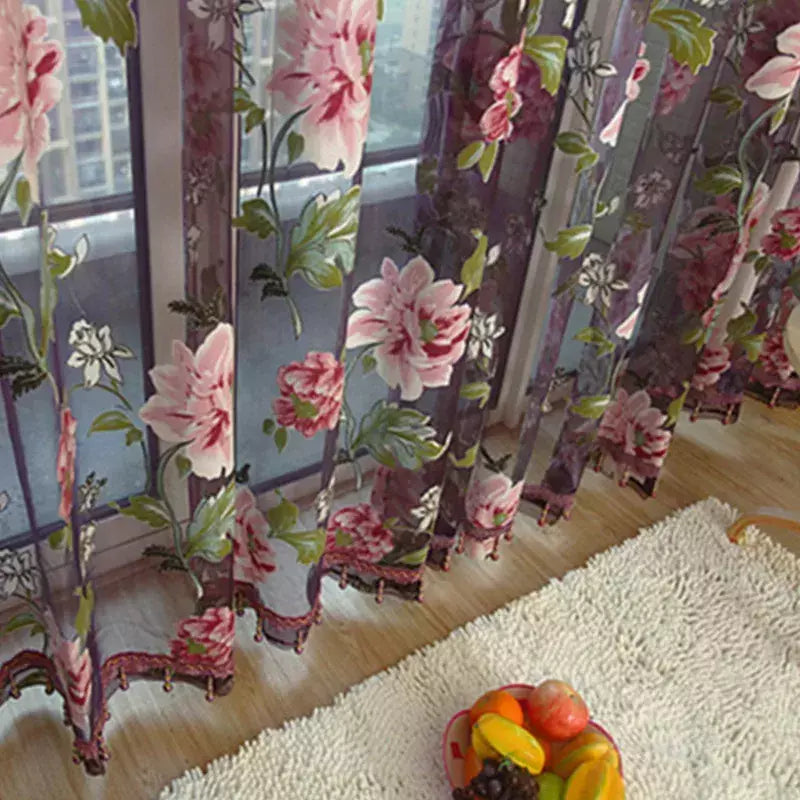 Tule Floral em Cortinas Puras, Tratamento Janela, Painel Persianas, Sala de estar, Quarto, Cozinha, Sombra, Roxo, Peônia