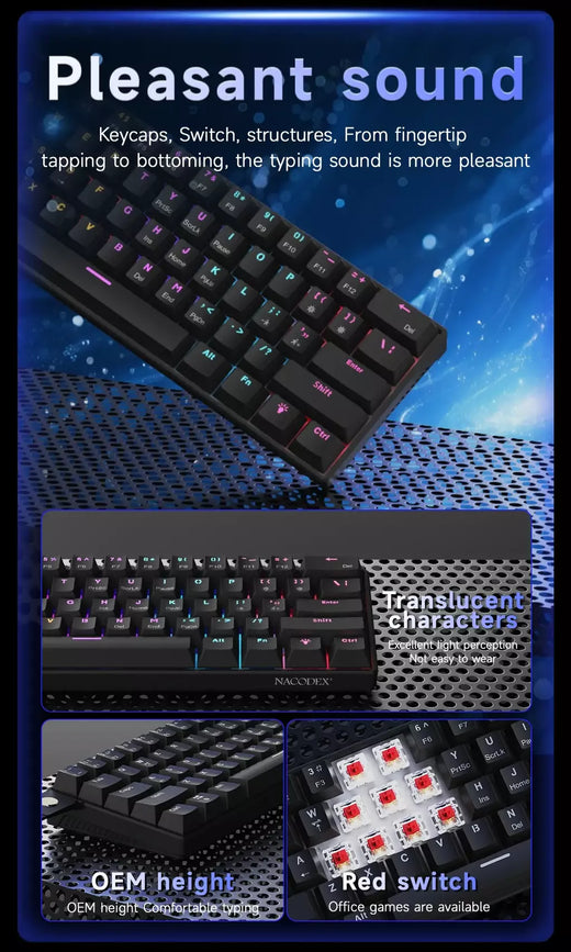 Ajazz nk61 teclado mecânico com fio 60% cores misturadas rgb hot-swap 61 teclas teclado para jogos interruptor rad para jogadores esports