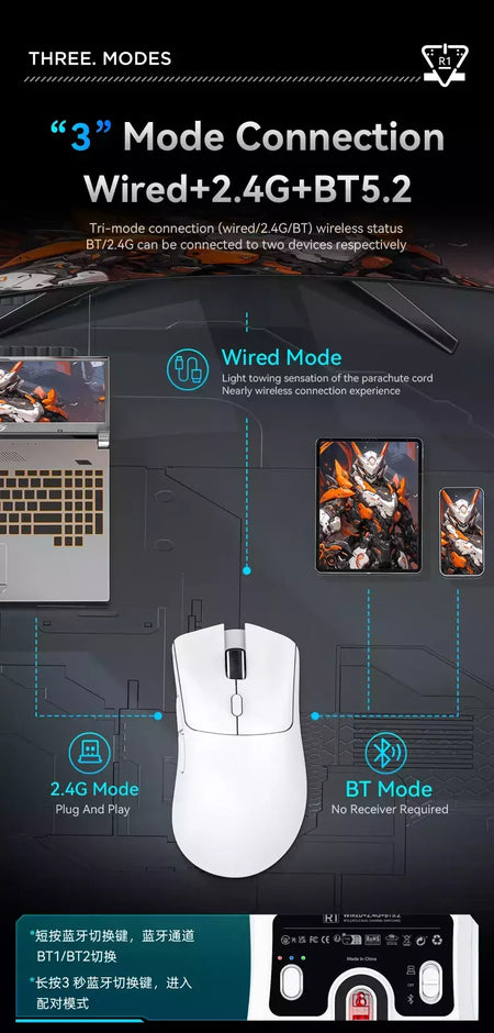 Mouse sem fio Bluetooth Gaming, Pixel Art, R1 Superlight, 2.4G, Sensor ajustável, 6 DPI ajustável para Office Game