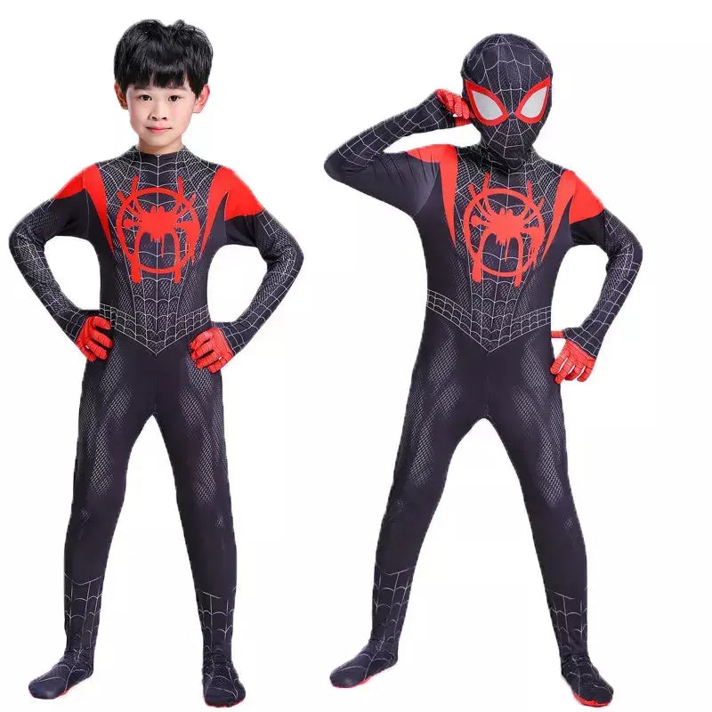 Crianças super-herói bodysuit milhas cosplay peter parker traje dos desenhos animados halloween conjunto com capuz traje de férias macacão com capuz separado