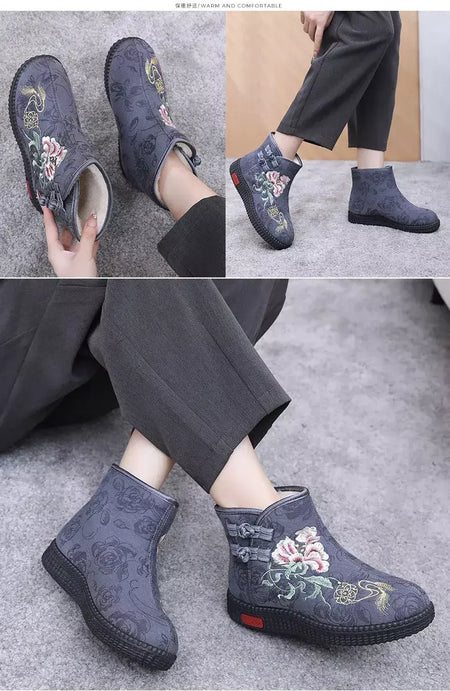 Sapatos de pano de inverno estilo étnico botas mujer sapatos femininos zapatos botas curtas quentes mulher bootie bordado algodão botas femininas