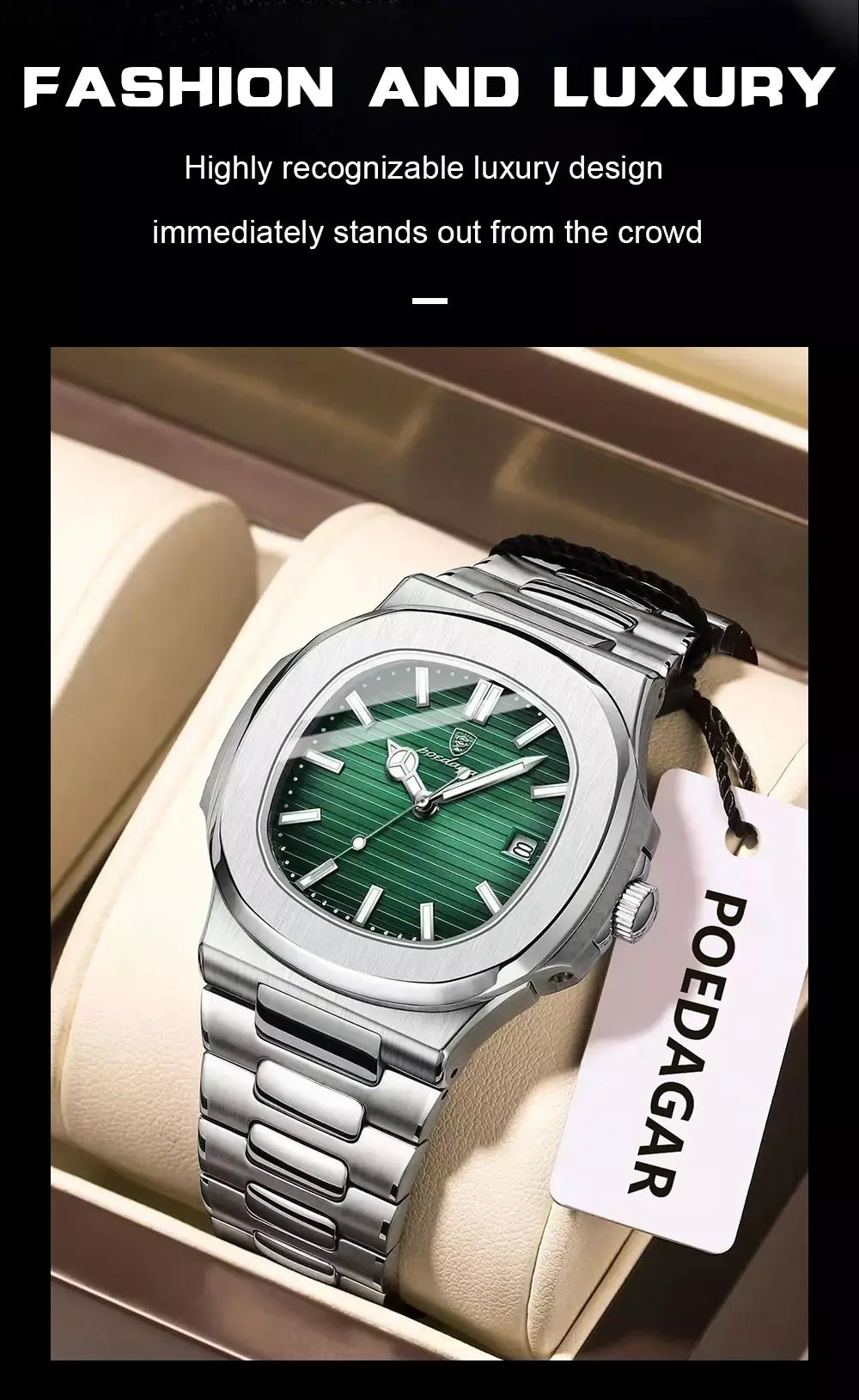 Poedagar quadrado na moda relógio de pulso masculino luminoso à prova dwaterproof água relógio de aço inoxidável para homem data quartzo negócios relógios masculinos reloj