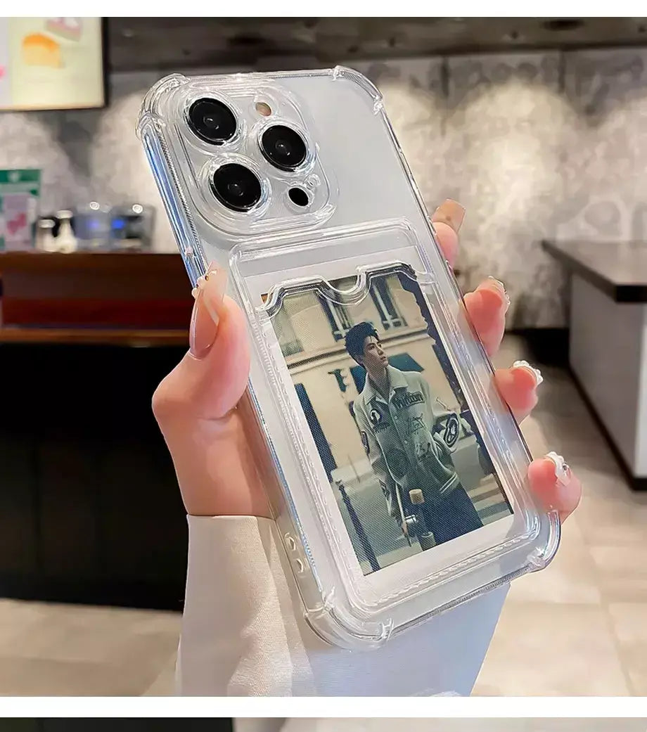 Bolsa de slot para cartão transparente para iPhone, carteira clara, à prova de choque, capa macia, iPhone 16, 15, 14, 13, 12, 11 Pro Max, Mini, X, XR, 7, 8 Mais