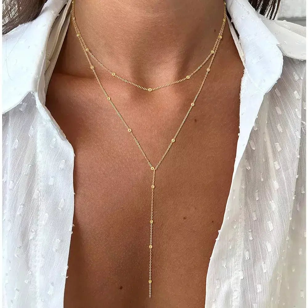 Colar lariat de aço inoxidável banhado a ouro, colar longo delicado colares laryered para mulheres meninas, pingente de gota em forma de y