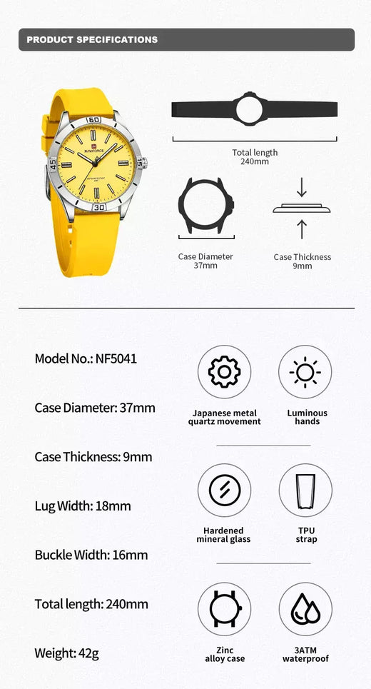 Naviforce relógio de pulso feminino simples, pulseira de silicone impermeável, novo design, moda, para senhoras, 2024