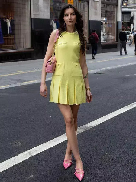 Mini vestido de bolso feminino sem mangas com o pescoço, malha, elegante vestido de botão, fino Lady Fashion, verão, fêmea, 2024