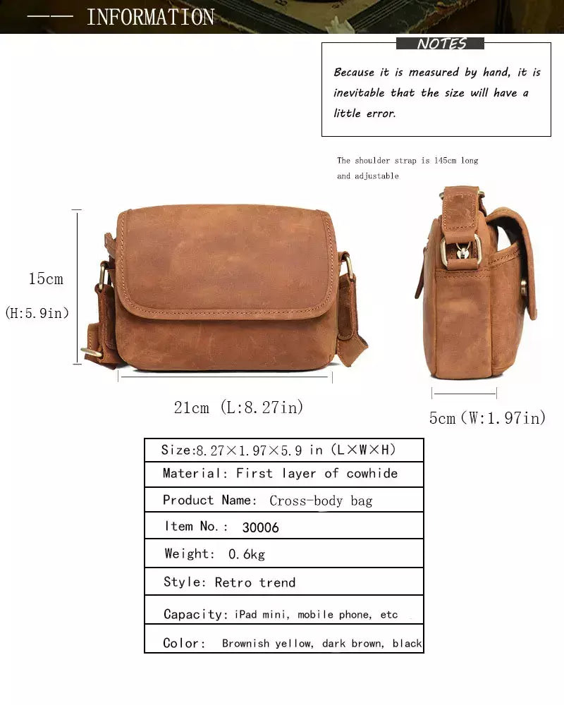 Bolsa de ombro retrô de couro genuíno masculina, grande capacidade, bolsa transversal diagonal, bolsa pequena para iPad, cavalo louco