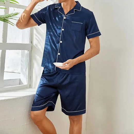 Pijama de cardigã de seda gelada masculino de manga curta, cardigã simples, roupa doméstica pura colorida, tamanho grande, pijamas de duas peças, senior sense