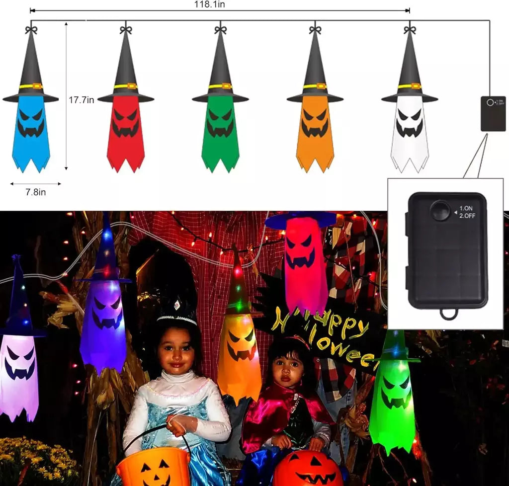 Decorações de Halloween ao ar livre 5 PCS pendurado Halloween iluminado brilhante chapéu de bruxa fantasma com luzes de corda LED para festa jardim