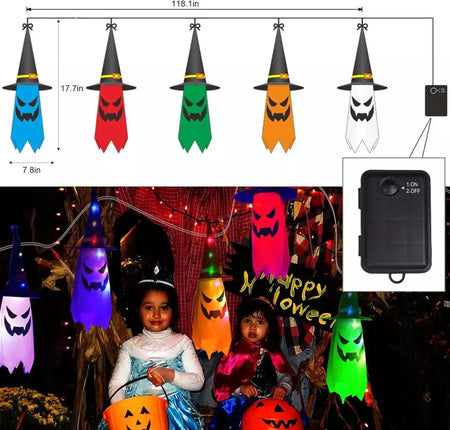 Decorações de Halloween ao ar livre 5 PCS pendurado Halloween iluminado brilhante chapéu de bruxa fantasma com luzes de corda LED para festa jardim