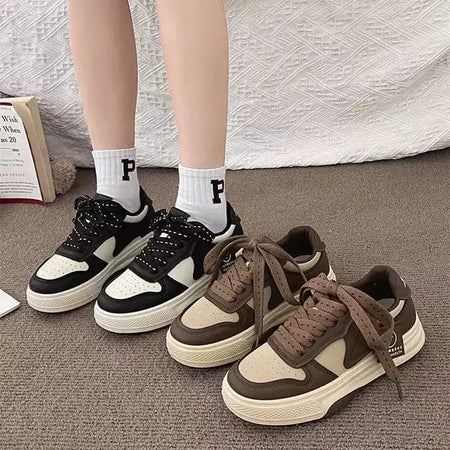 Tênis de fundo grosso feminino, tênis de tabuleiro, calçados esportivos, casual, combinando cores, cáqui, preto, branco, nova moda