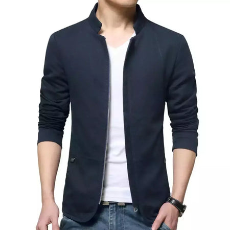 Blazer casual masculino com gola de suporte, jaqueta de negócios elegante, casaco monocromático com bolsos de zíper fino e fino, primavera e outono