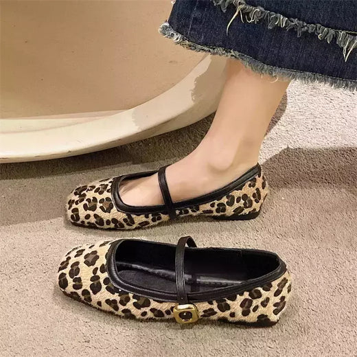 Sapatos casuais com estampa leopardo de toe quadrado para mulheres, sapatilhas femininas, sapatos Mary Jane ao ar livre, novo design