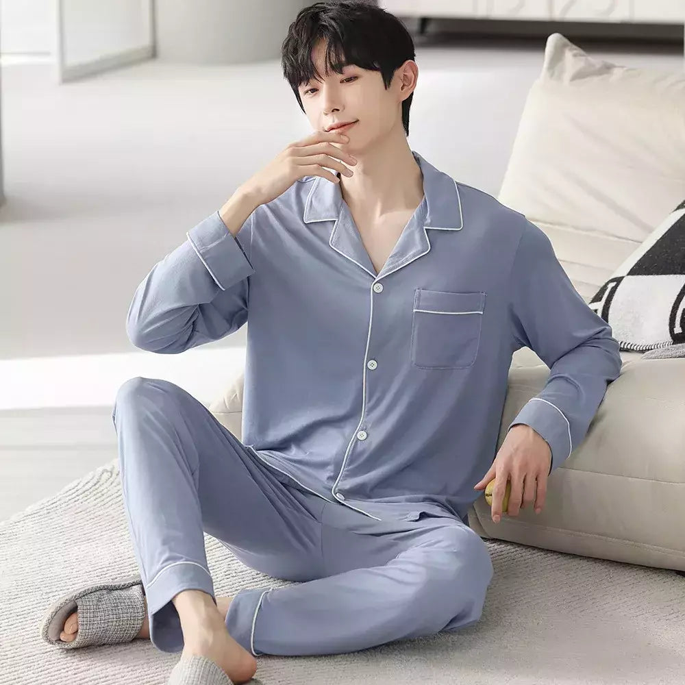 Conjunto de pijama de algodão modal manga comprida masculino, pijamas finos, adolescentes, outwear primavera, pano doméstico, terno masculino, outono, primavera