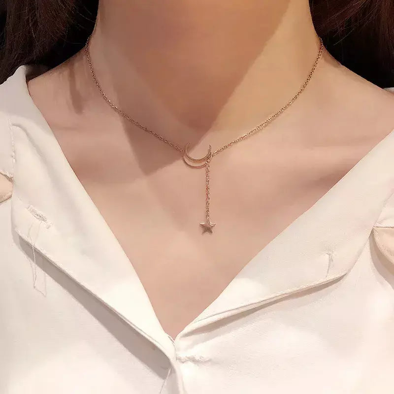 Novo simples lua estrela pingente gargantilha colar simples cor de ouro liga charme corrente colares para mulheres festa jóias