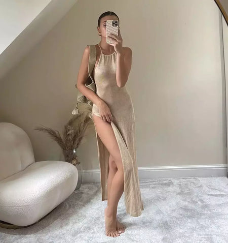 Tecido ver através do vestido maxi, Elegante Halter Beachdress, Sexy Slit Bodycon, Vestido de verão, Beachdress, Ver através, 2022