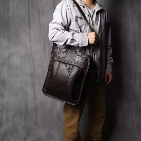 Maleta de couro retrô para homens, couro natural, bolsa vertical, bolsa de ombro casual, mochila masculina, adequada para laptop de 15 ", NZPJ