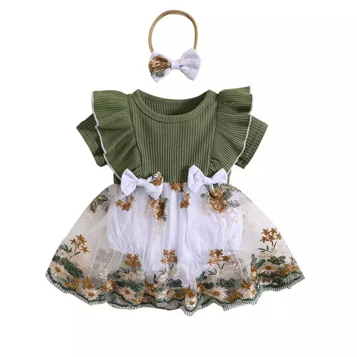 Vestido Romper das meninas do bebê recém-nascido, roupa do bebê, bordado da flor, costela da malha, babados macacões, roupas, roupa do verão
