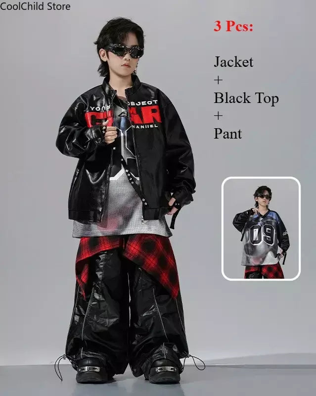 Meninos hio hop letras jaqueta de couro dança de rua calças de carga soltas meninas k-pop streetwear crianças conjunto de roupas jazz traje
