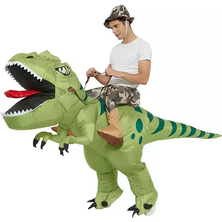Nova venda quente engraçado criança adulto inflável equitação dinossauro verde cosplay traje crianças fantasia vestido de festa tema do feriado do dia das bruxas