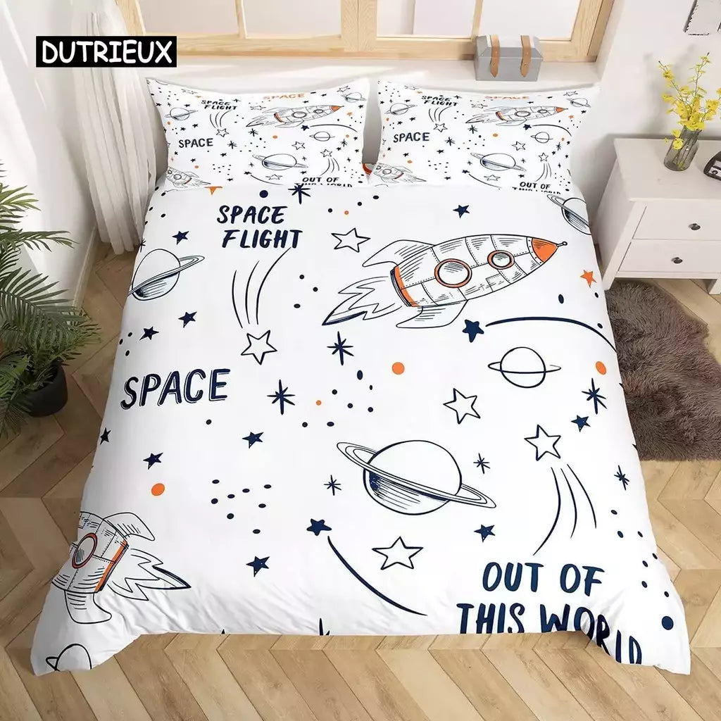 Conjunto de cama para meninos da aviação dos desenhos animados, astronauta Duvet Cover, Blue Sky Dream Quilt Cover, gêmeo, único, tamanhos duplos, fronha
