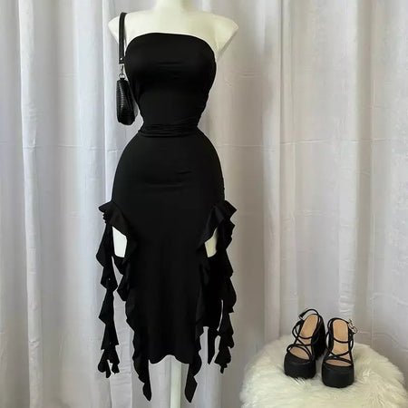 Mulheres sem alças sexy floral dobra hemline alta fenda mini vestido 2024 sólido sem costas sem mangas preto e rosa vestido de festa