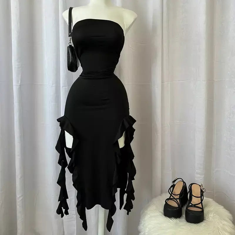 Mulheres sem alças sexy floral dobra hemline alta fenda mini vestido 2024 sólido sem costas sem mangas preto e rosa vestido de festa