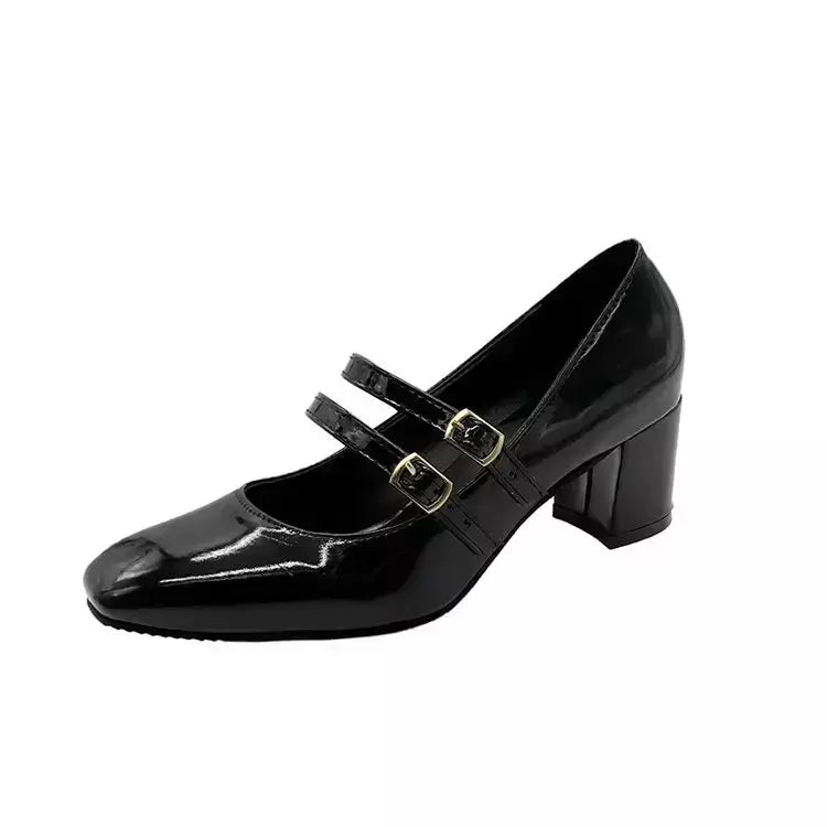 Sapatos Mary Janes de fivela dupla feminina, couro envernizado, cabeça quadrada, salto quadrado, cor sólida, primavera, outono, 2022