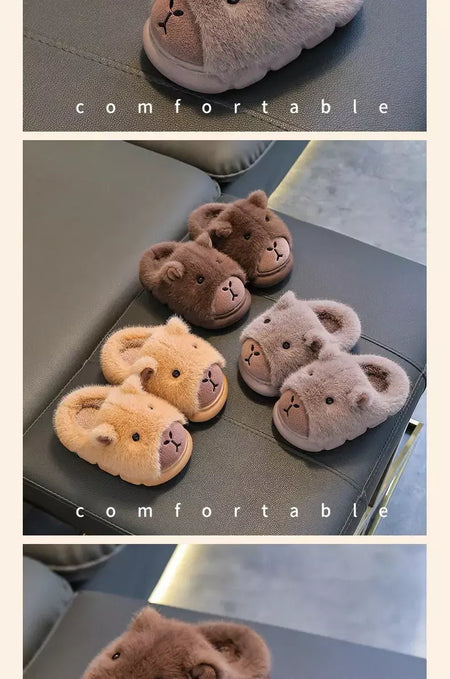 Capivara crianças chinelos 2025 inverno novo bonito fofo algodão sapatos de chão mulher quente interior dos desenhos animados piso de pelúcia casa chinelos