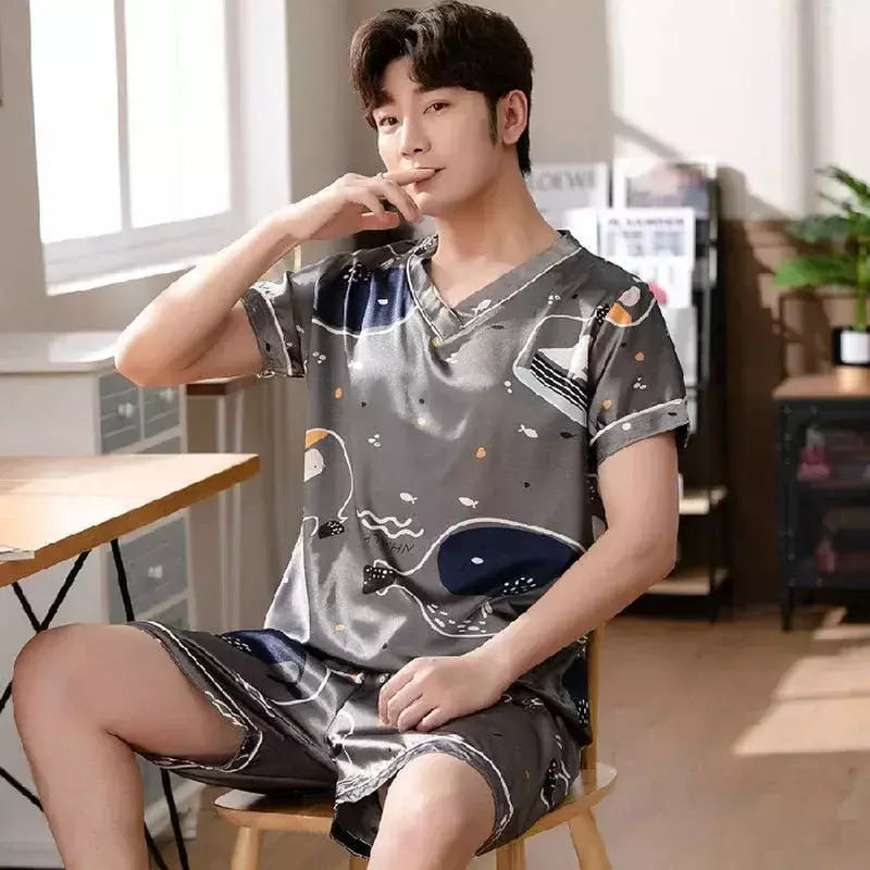 Conjunto de pijama de seda gelo manga curta masculino, pijama casual fino de simulação, tamanho grande, roupa para casa, verão, 2 peças