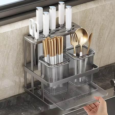 Novo fixado na parede talheres de cozinha faca colher garfo pauzinho drenagem rack escorredor utensílio cozinha armazenamento perfuração livre