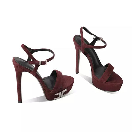 Arden furtado verão rosa ovelha camurça plataforma cristal banquete sapatos dedo do pé redondo super salto alto palavra-cingulate sandálias tamanho grande