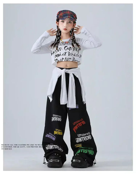 Meninas hip hop letras colheita topo graffiti joggers calças crianças k-pop roupas de dança de rua conjunto crianças menina grupo streetwear traje