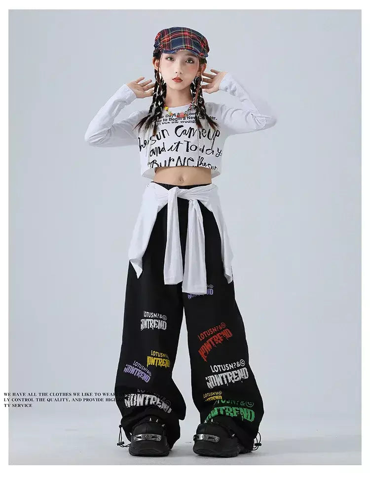 Meninas hip hop letras colheita topo graffiti joggers calças crianças k-pop roupas de dança de rua conjunto crianças menina grupo streetwear traje