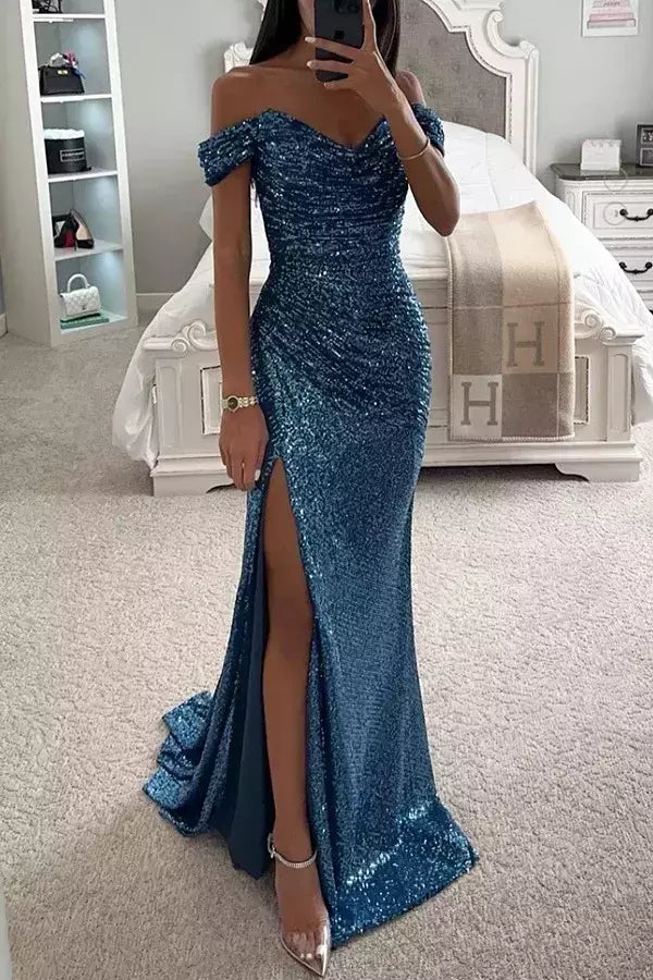 Vestido Dividido de Pescoço Uma Linha Feminino, Lantejoulas, Dividido, Versátil, Elegante, Charme, Emagrecedor, Festa, INS, Emagrecimento, S-XL Size, Novo