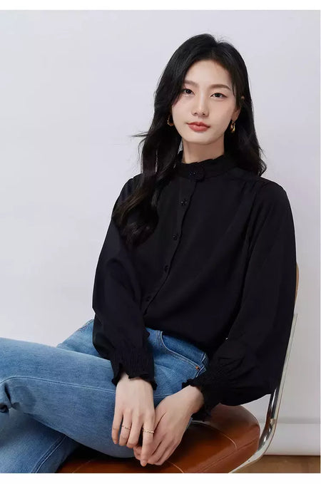 LILYMOON-Camisa de manga comprida feminina, colarinho francês, orelha de madeira, camisa casual coreana, Tops Y2K, pulôver elegante solto, batida na rua
