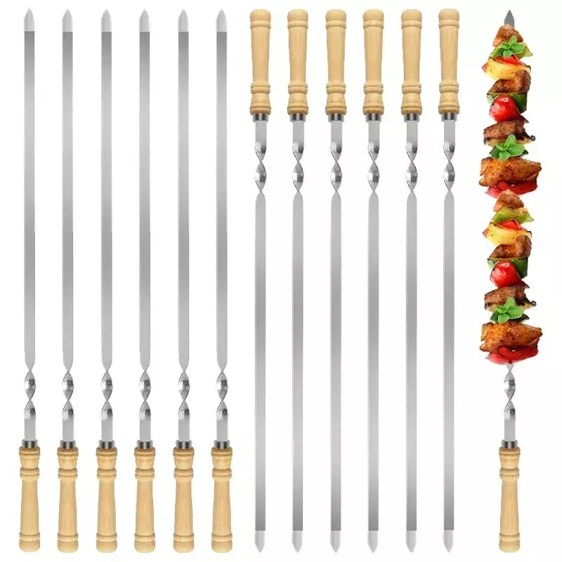 Espetos de churrasco de aço inoxidável alça longa 55cm alça de churrasco de madeira grande vara plana ao ar livre piquenique ferramentas de churrasco