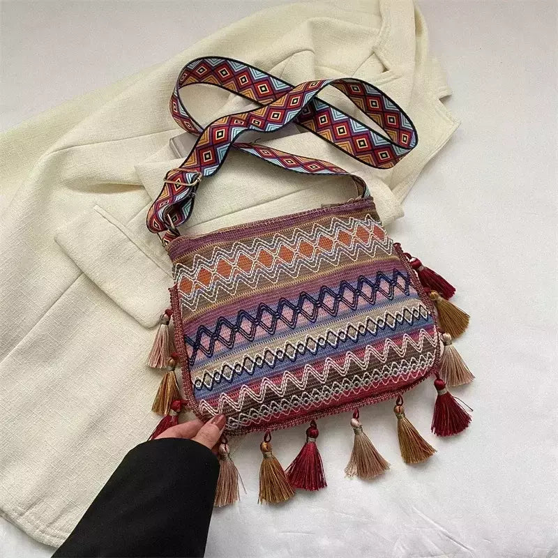 Bolsa feminina vintage com borla étnica tecida à mão crossbody para senhora bolsa hippie sling bolsa de ombro para senhoras bolsa ase?? ? Galega