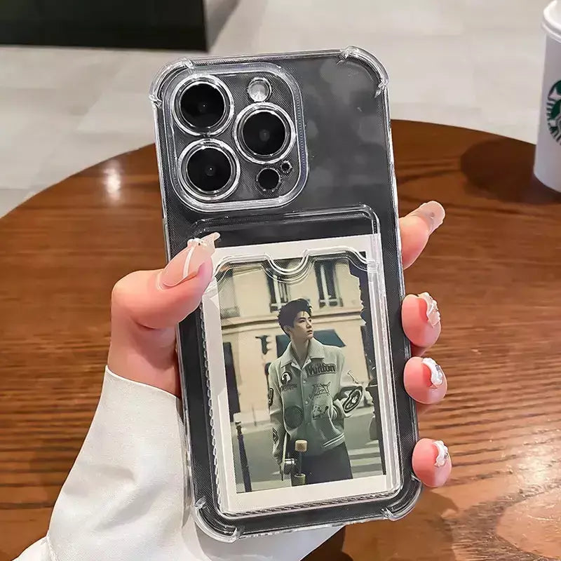 Bolsa de slot para cartão transparente para iPhone, carteira clara, à prova de choque, capa macia, iPhone 16, 15, 14, 13, 12, 11 Pro Max, Mini, X, XR, 7, 8 Mais