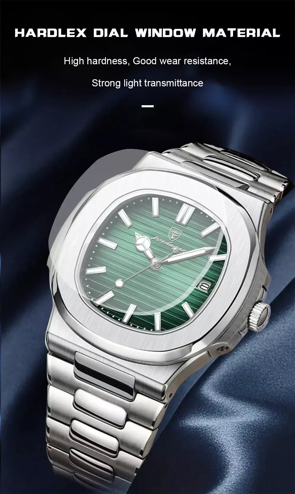 Poedagar quadrado na moda relógio de pulso masculino luminoso à prova dwaterproof água relógio de aço inoxidável para homem data quartzo negócios relógios masculinos reloj