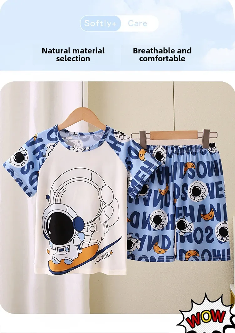 Novo verão crianças pijamas conjunto de 2 peças roupas de ar condicionado para meninos meninas bebê manga curta roupas para casa na moda