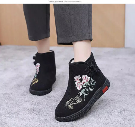 Sapatos de pano de inverno estilo étnico botas mujer sapatos femininos zapatos botas curtas quentes mulher bootie bordado algodão botas femininas