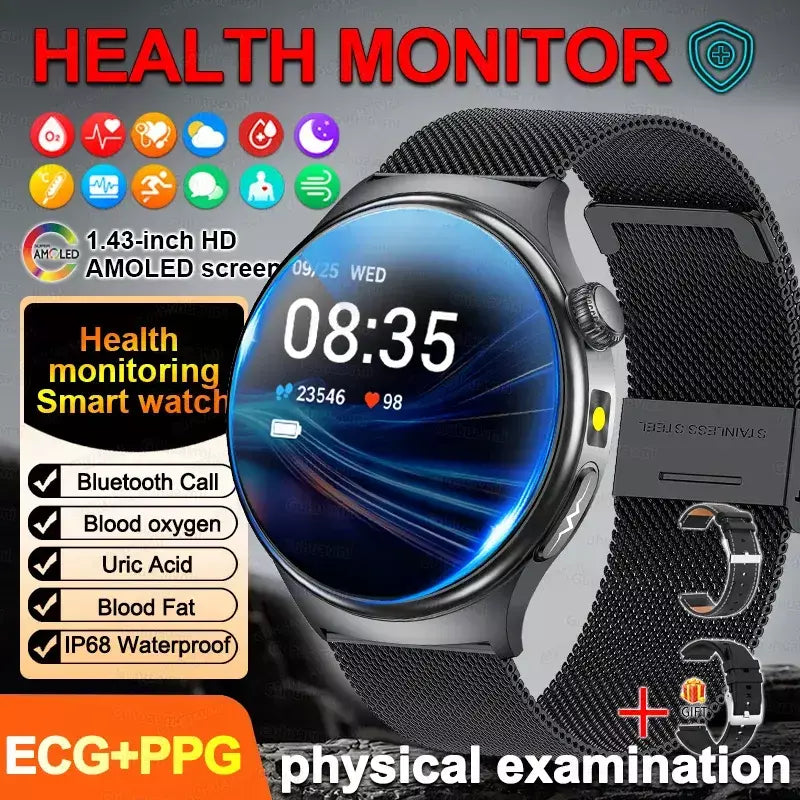 2026 novo relógio inteligente masculino feminino exame micro-físico ecg + ppg oxigênio no sangue ácido úrico pressão arterial safira smartwatch masculino