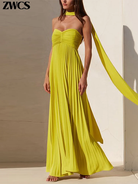 Vestido longo plissado sem alças feminino, Elegante, Sem alças, Fita, Plissado, Sexy, Sem mangas, Sem encosto, Lady, Festa à noite, Novo, Verão, 2022